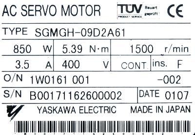 Yaskawa SGMGH-09D2A61 label image