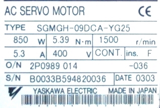 Yaskawa SGMGH-09DCA-YG25 label image
