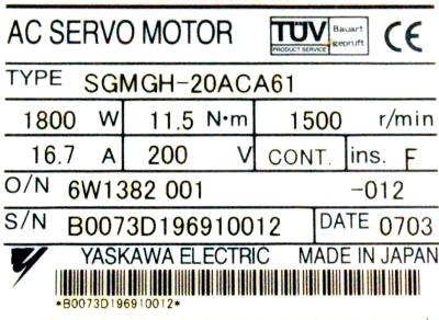 Yaskawa SGMGH-20ACA61 label image