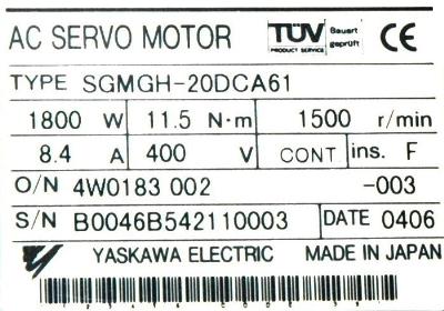 Yaskawa SGMGH-20DCA61 label image