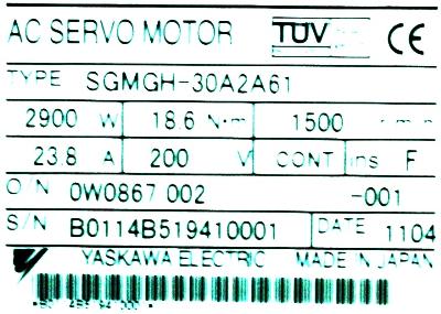 Yaskawa SGMGH-30A2A61 label image