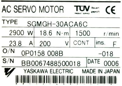 Yaskawa SGMGH-30ACA6C label image