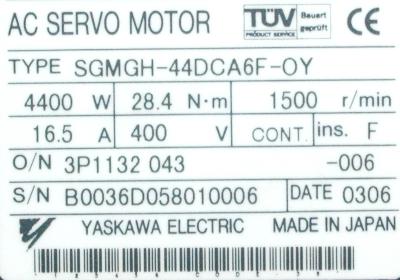 Yaskawa SGMGH-44DCA6F-OY label image
