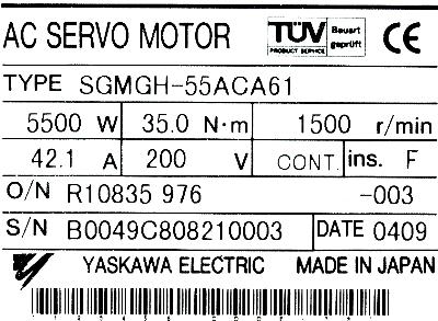 Yaskawa SGMGH-55ACA61 label image