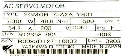 Yaskawa SGMGH-75A2A-YR31 label image