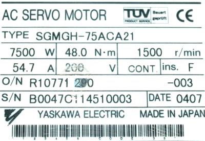 Yaskawa SGMGH-75ACA21 label image