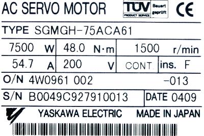 Yaskawa SGMGH-75ACA61 label image