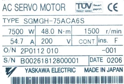 Yaskawa SGMGH-75ACA6S label image