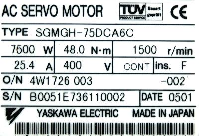 Yaskawa SGMGH-75DCA6C label image