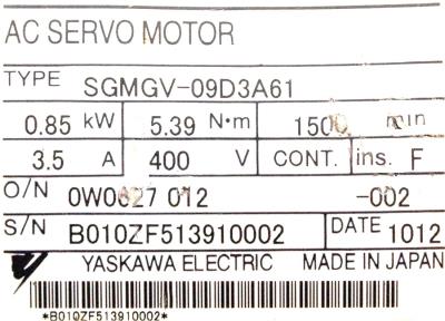 Yaskawa SGMGV-09D3A61 label image