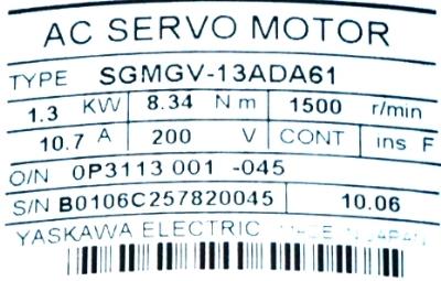 Yaskawa SGMGV-13ADA61 label image