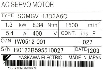 Yaskawa SGMGV-13D3A6C label image