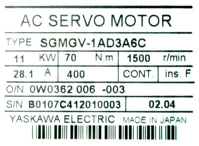 Yaskawa SGMGV-1AD3A6C label image
