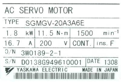 Yaskawa SGMGV-20A3A6E label image