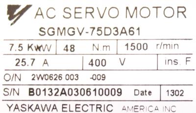 Yaskawa SGMGV-75D3A61 label image