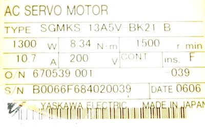 Yaskawa SGMKS-13A5V-BK21-B label image