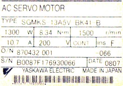 New Refurbished Exchange Repair  Yaskawa Motors-AC Servo SGMKS-13A5V-BK41-B Precision Zone