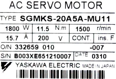 Yaskawa SGMKS-20A5A-MU11 label image