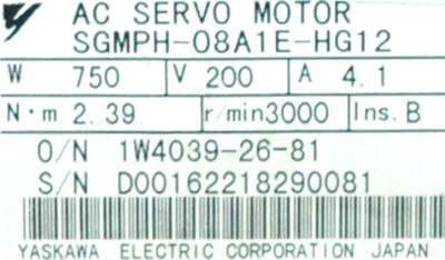 Yaskawa SGMPH-08A1E-HG12 label image