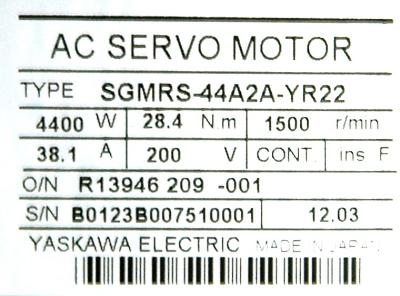 Yaskawa SGMRS-44A2A-YR22 label image