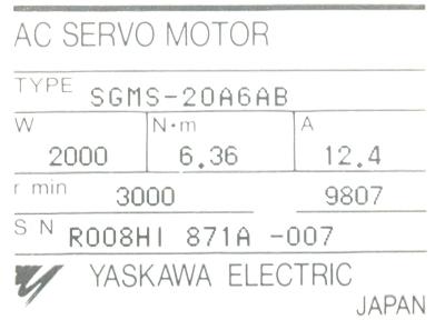 Yaskawa SGMS-20A6AB label image