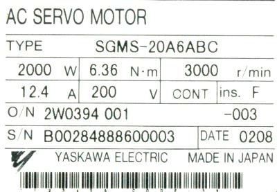 Yaskawa SGMS-20A6ABC label image