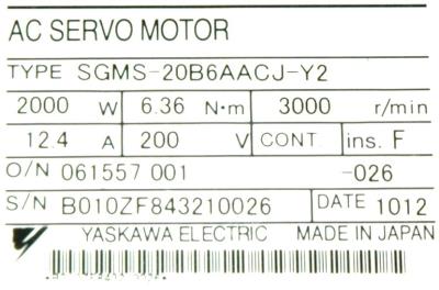 Yaskawa SGMS-20B6AACJ-Y2 label image