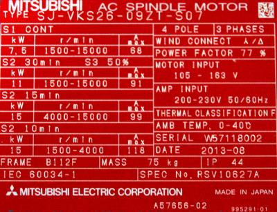 New Refurbished Exchange Repair  Mitsubishi Motors-AC Spindle SJ-VKS26-09ZT-S07 Precision Zone