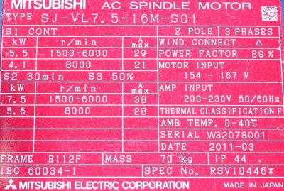 New Refurbished Exchange Repair  Mitsubishi Motors-AC Spindle SJ-VL7.5-16M-S01 Precision Zone