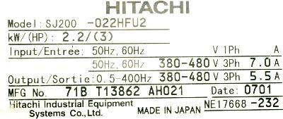 Hitachi, Ltd SJ200-022HFU2 label image
