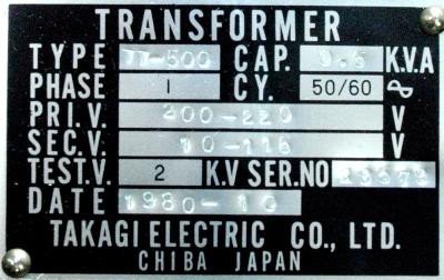 Takagi Electric Co. TT-500 label image