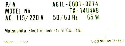 Matsushita TX-1404AB label image