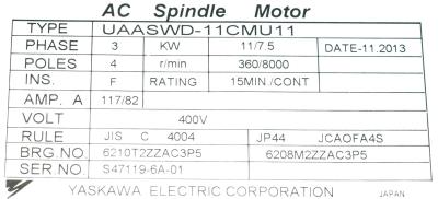 New Refurbished Exchange Repair  Yaskawa Motors-AC Spindle UAASWD-11CMU11 Precision Zone