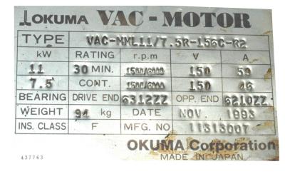 New Refurbished Exchange Repair  Okuma Motors-AC Spindle VAC-MML11-7.5R-153C-R2 Precision Zone