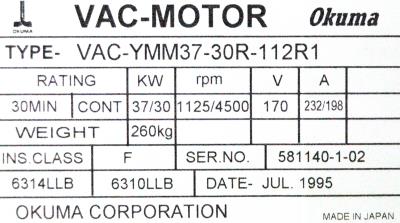 New Refurbished Exchange Repair  Okuma Motors-AC Spindle VAC-YMM37-30R-112R1 Precision Zone
