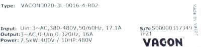 Vacon VACON0020-3L-0016-4-R02 label image