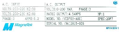 Magnetek VCD703-A001 label image
