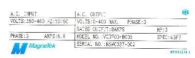 Magnetek VCD703-B005 label image
