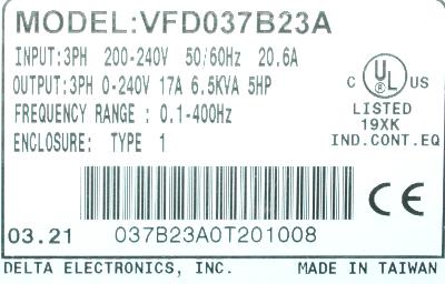 Delta VFD037B23A label image