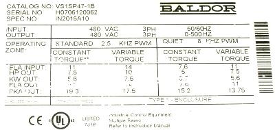 Baldor VS1SP47-1B label image