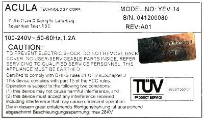 Acula Technology Corp YEV-14 label image