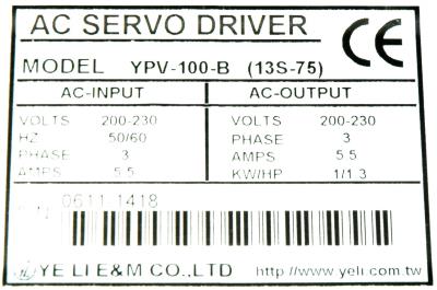YE-LI Electric and Machinery YPV-100-B label image