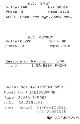 Yaskawa Z1B1D030PMB label image
