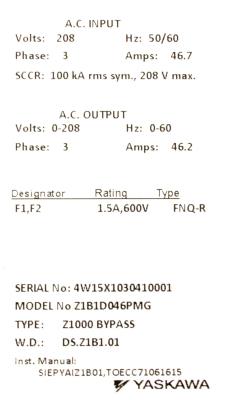 Yaskawa Z1B1D046PMG label image
