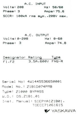 Yaskawa Z1B1D074PMB label image