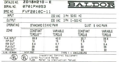 Baldor ZD18H210-E label image