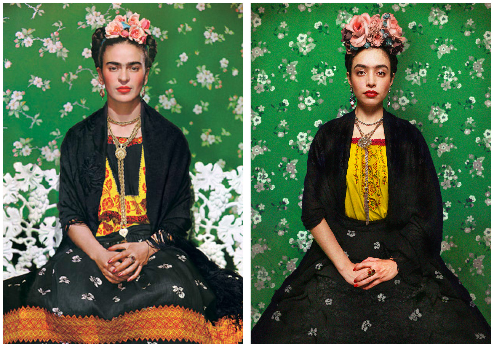 Original photo of Frida Kahlo next to recreated photo