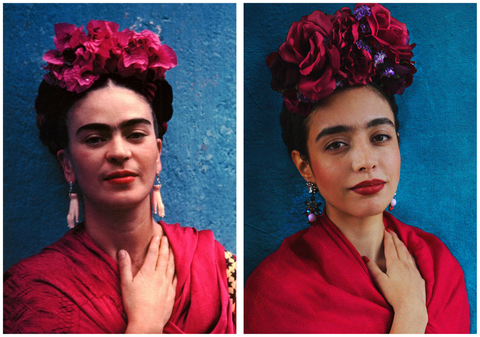 Original photo of Frida Kahlo next to recreated photo