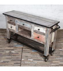 SOLID RECLAIMED TEAK WOOD, GLASS & IRON TROLLEY CABINET