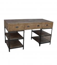 SOLID WOOD & IRON DESK W/ 3 DRAWERS & 4 SHELVES